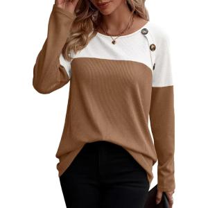 imageZeagoo Women Waffle Knit Shirts Long Sleeve Colorblock Tee Button Detail TunicsLight Brown