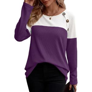imageZeagoo Women Waffle Knit Shirts Long Sleeve Colorblock Tee Button Detail TunicsPurple