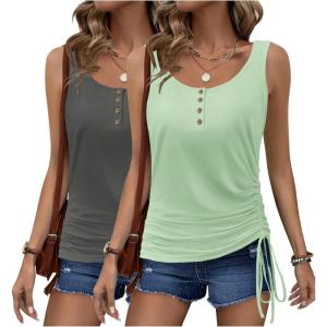imageZeagoo Womens 2025 Tank Tops 2 Pack Summer Sleeveless Tops U Neck Side Ruched Button Casual Henley ShirtsDark Greylake Green
