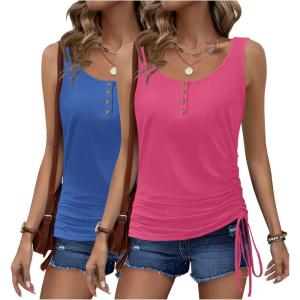 imageZeagoo Womens 2025 Tank Tops 2 Pack Summer Sleeveless Tops U Neck Side Ruched Button Casual Henley ShirtsRoyal Bluerose Red