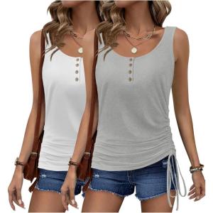 imageZeagoo Womens 2025 Tank Tops 2 Pack Summer Sleeveless Tops U Neck Side Ruched Button Casual Henley ShirtsWhitegrey