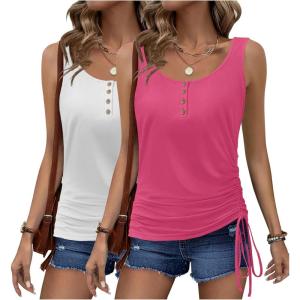 imageZeagoo Womens 2025 Tank Tops 2 Pack Summer Sleeveless Tops U Neck Side Ruched Button Casual Henley ShirtsWhiterose Red