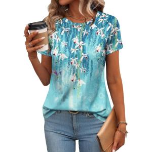imageZeagoo Womens Casual T Shirts for Summer 2025 Short Sleeve Crewneck Tunic Shirts Floral Print Tops Pleated Dressy BlouseBlue Floral