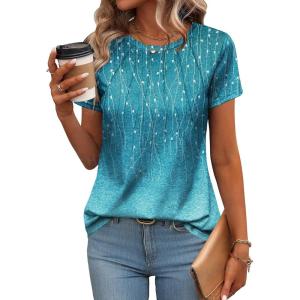 imageZeagoo Womens Casual T Shirts for Summer 2025 Short Sleeve Crewneck Tunic Shirts Floral Print Tops Pleated Dressy BlouseBlue Print