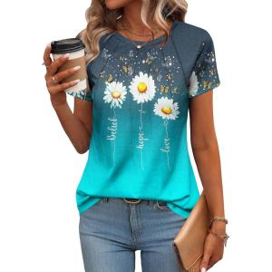 imageZeagoo Womens Casual T Shirts for Summer 2025 Short Sleeve Crewneck Tunic Shirts Floral Print Tops Pleated Dressy BlouseDaisy Print