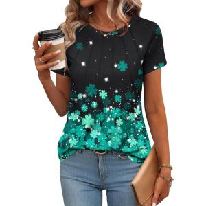 imageZeagoo Womens Casual T Shirts for Summer 2025 Short Sleeve Crewneck Tunic Shirts Floral Print Tops Pleated Dressy BlouseGreen Floral