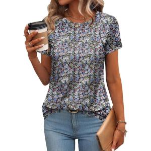 imageZeagoo Womens Casual T Shirts for Summer 2025 Short Sleeve Crewneck Tunic Shirts Floral Print Tops Pleated Dressy BlouseMixed Army Flower