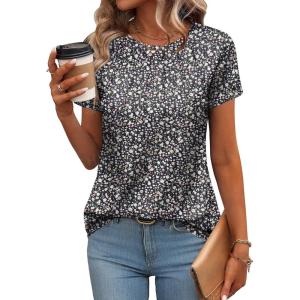 imageZeagoo Womens Casual T Shirts for Summer 2025 Short Sleeve Crewneck Tunic Shirts Floral Print Tops Pleated Dressy BlouseMixed Black Flower