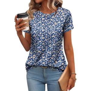 imageZeagoo Womens Casual T Shirts for Summer 2025 Short Sleeve Crewneck Tunic Shirts Floral Print Tops Pleated Dressy BlouseMixed Blue Flower