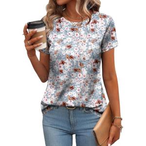 imageZeagoo Womens Casual T Shirts for Summer 2025 Short Sleeve Crewneck Tunic Shirts Floral Print Tops Pleated Dressy BlouseMixed Grey Flower