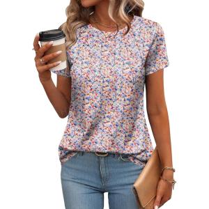 imageZeagoo Womens Casual T Shirts for Summer 2025 Short Sleeve Crewneck Tunic Shirts Floral Print Tops Pleated Dressy BlouseMixed Pink Flower