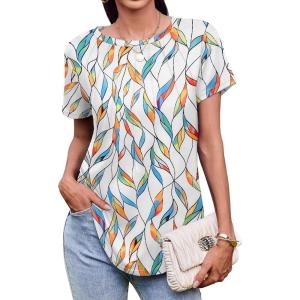 imageZeagoo Womens Casual T Shirts for Summer 2025 Short Sleeve Crewneck Tunic Shirts Floral Print Tops Pleated Dressy BlouseWhite Leaf Print