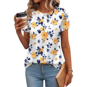 imageZeagoo Womens Casual T Shirts for Summer 2025 Short Sleeve Crewneck Tunic Shirts Floral Print Tops Pleated Dressy BlouseYellow Flower Print