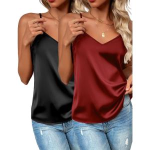 imageZeagoo Womens Silk Satin Tank Tops 2025 V Neck Adjustable Spaghetti Strap Sleeveless Camisole Summer Basic Blouse2 Pack Blackwine Red