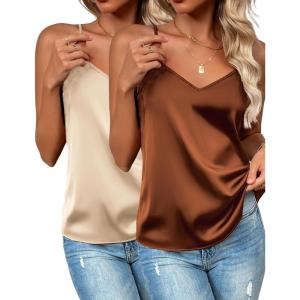 imageZeagoo Womens Silk Satin Tank Tops 2025 V Neck Adjustable Spaghetti Strap Sleeveless Camisole Summer Basic Blouse2 Pack Caramellight Khaki