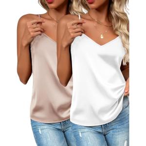 imageZeagoo Womens Silk Satin Tank Tops 2025 V Neck Adjustable Spaghetti Strap Sleeveless Camisole Summer Basic Blouse2 Pack Champagnewhite