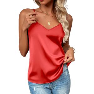 imageZeagoo Womens Silk Satin Tank Tops 2025 V Neck Adjustable Spaghetti Strap Sleeveless Camisole Summer Basic BlouseBig Red
