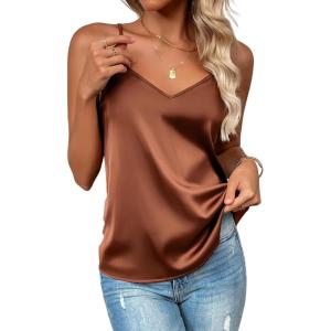 imageZeagoo Womens Silk Satin Tank Tops 2025 V Neck Adjustable Spaghetti Strap Sleeveless Camisole Summer Basic BlouseBrown