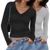 imageZeagoo Women 2 Pack Long Sleeve Shirts V Neck T Shirts Casual Thermal Tops Slim Fit Basic Tight Tees Going Out TopBlackgrey