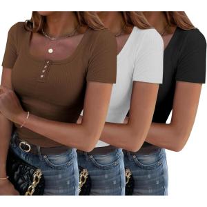 imageZeagoo 3 Pack Women Tops Ribbed Square Neck T Shirts Summer Basic Trendy Slim Fit Henley Button Blouses S2XLBlackwhitebrown