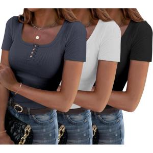 imageZeagoo 3 Pack Women Tops Ribbed Square Neck T Shirts Summer Basic Trendy Slim Fit Henley Button Blouses S2XLBlackwhitedark Grey