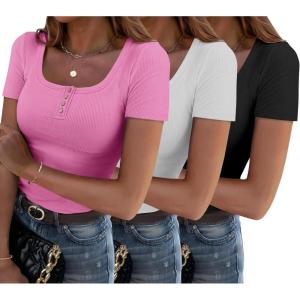 imageZeagoo 3 Pack Women Tops Ribbed Square Neck T Shirts Summer Basic Trendy Slim Fit Henley Button Blouses S2XLBlackwhitepeach