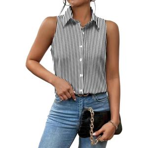 imageZeagoo Sleeveless Blouses for Women Summer Casual Button Down Shirts Flower Tank Tops FashionGrey Stripe