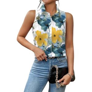 imageZeagoo Sleeveless Blouses for Women Summer Casual Button Down Shirts Flower Tank Tops FashionInk Painting