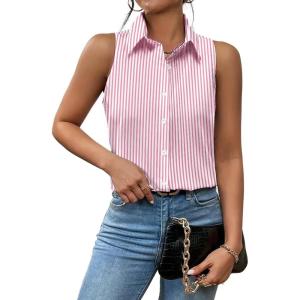 imageZeagoo Sleeveless Blouses for Women Summer Casual Button Down Shirts Flower Tank Tops FashionPink Stripe