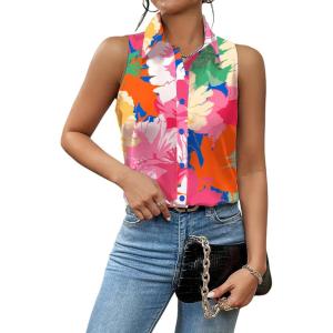 imageZeagoo Sleeveless Blouses for Women Summer Casual Button Down Shirts Flower Tank Tops FashionRose Red Flower