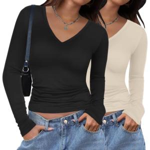 imageZeagoo Women 2 Pack Long Sleeve Shirts V Neck T Shirts Casual Thermal Tops Slim Fit Basic Tight Tees Going Out TopBlackbeige