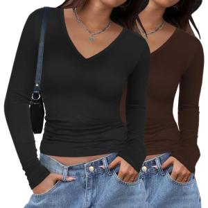 imageZeagoo Women 2 Pack Long Sleeve Shirts V Neck T Shirts Casual Thermal Tops Slim Fit Basic Tight Tees Going Out TopBlackcoffee