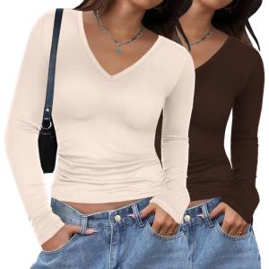 imageZeagoo Women 2 Pack Long Sleeve Shirts V Neck T Shirts Casual Thermal Tops Slim Fit Basic Tight Tees Going Out TopCoffeeapricot