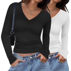 imageZeagoo Women 2 Pack Long Sleeve Shirts V Neck T Shirts Casual Thermal Tops Slim Fit Basic Tight Tees Going Out TopWhiteblack