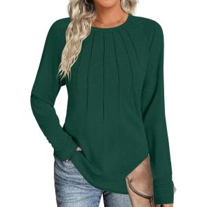 imageZeagoo Women Long Sleeve Shirts Casual Tops Blouses Fashion Pleated Tunic Fall Clothes 2024Deep Green
