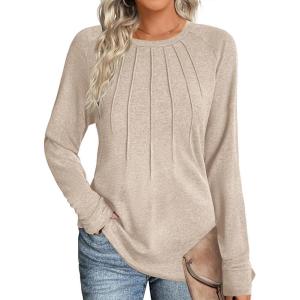 imageZeagoo Women Long Sleeve Shirts Casual Tops Blouses Fashion Pleated Tunic Fall Clothes 2024Light Khaki