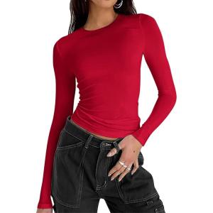 imageZeagoo Women Y2K Crewneck Long Sleeve Slim Fit T Shirt Going Out Fall Fashion Basic TopsRed