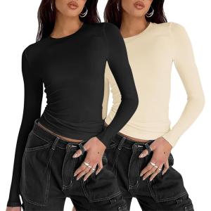 imageZeagoo Women Y2K Crewneck Long Sleeve Slim Fit T Shirt Going Out Fall Fashion Basic TopsZblack beige