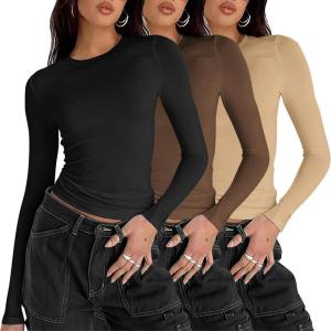 imageZeagoo Women Y2K Crewneck Long Sleeve Slim Fit T Shirt Going Out Fall Fashion Basic TopsZblack coffee beige