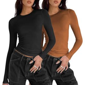 imageZeagoo Women Y2K Crewneck Long Sleeve Slim Fit T Shirt Going Out Fall Fashion Basic TopsZblack light Brown