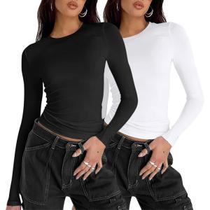 imageZeagoo Women Y2K Crewneck Long Sleeve Slim Fit T Shirt Going Out Fall Fashion Basic TopsZblack white