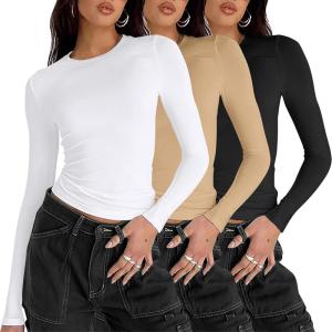 imageZeagoo Women Y2K Crewneck Long Sleeve Slim Fit T Shirt Going Out Fall Fashion Basic TopsZblack white beige