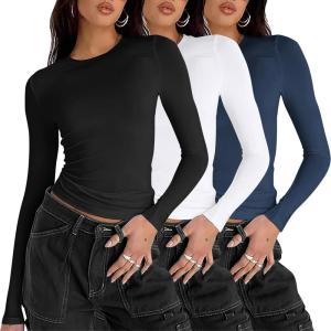 imageZeagoo Women Y2K Crewneck Long Sleeve Slim Fit T Shirt Going Out Fall Fashion Basic TopsZblack white navy Blue