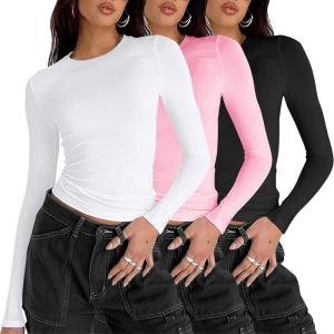 imageZeagoo Women Y2K Crewneck Long Sleeve Slim Fit T Shirt Going Out Fall Fashion Basic TopsZblack white pink