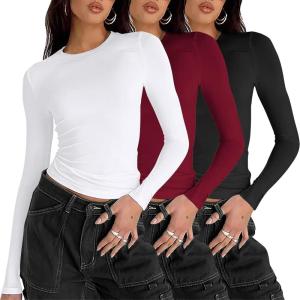 imageZeagoo Women Y2K Crewneck Long Sleeve Slim Fit T Shirt Going Out Fall Fashion Basic TopsZblack white wine Red