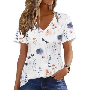 imageZeagoo Womens Short Sleeve Shirts for Summer Casual VNeck Blouse Shirts 2025 Dressy Tops with PleatsFlower1