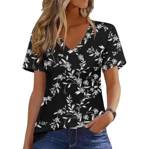 imageZeagoo Womens Short Sleeve Shirts for Summer Casual VNeck Blouse Shirts 2025 Dressy Tops with PleatsFlower10