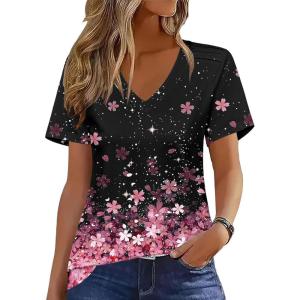 imageZeagoo Womens Short Sleeve Shirts for Summer Casual VNeck Blouse Shirts 2025 Dressy Tops with PleatsFlower11