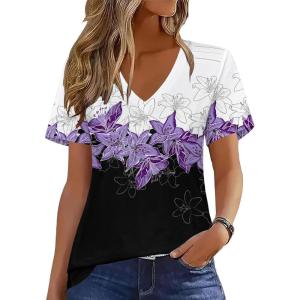 imageZeagoo Womens Short Sleeve Shirts for Summer Casual VNeck Blouse Shirts 2025 Dressy Tops with PleatsFlower12