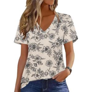 imageZeagoo Womens Short Sleeve Shirts for Summer Casual VNeck Blouse Shirts 2025 Dressy Tops with PleatsFlower13